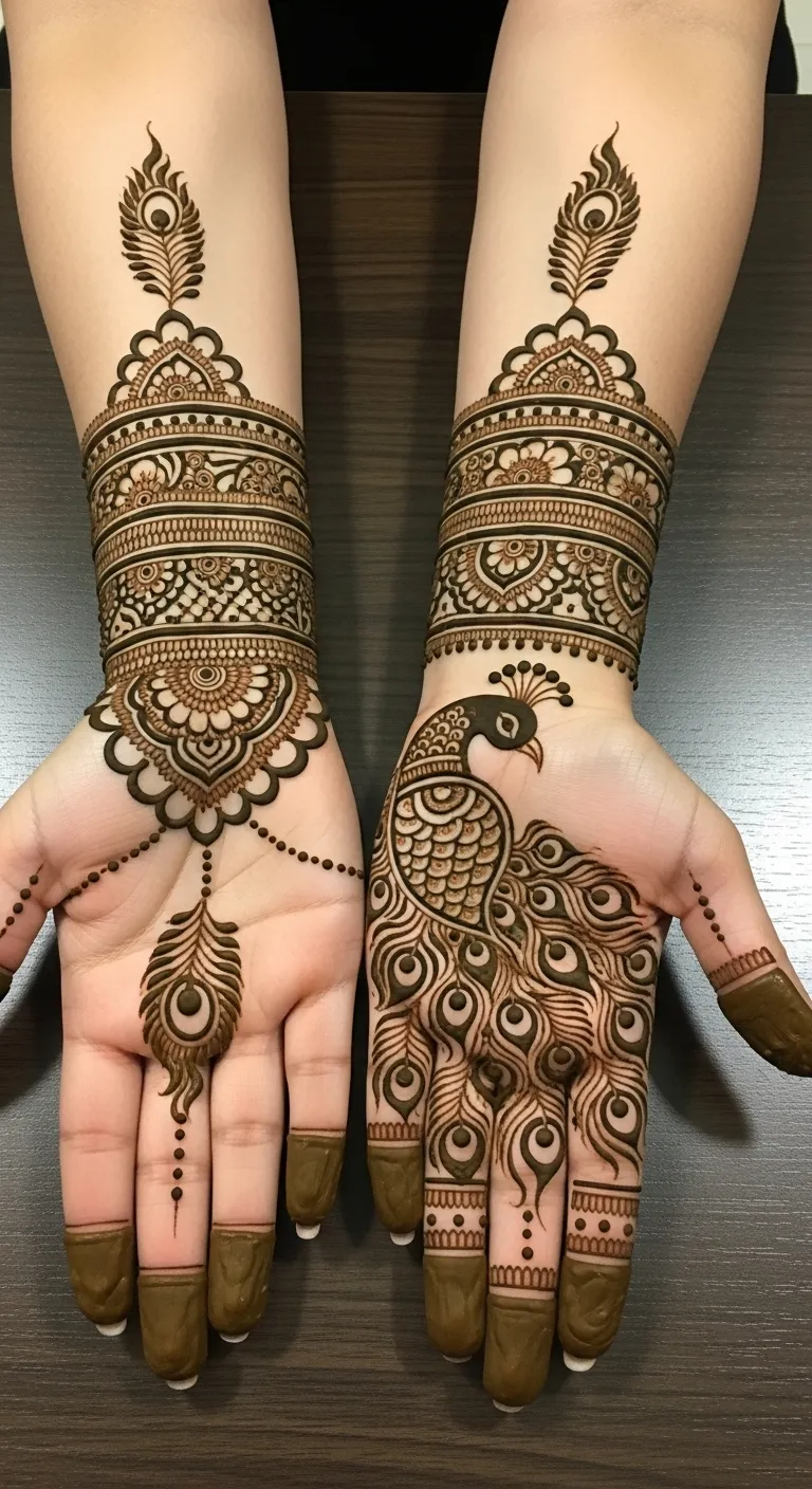 Full hand peacock mehndi with ornamental wrist cuff