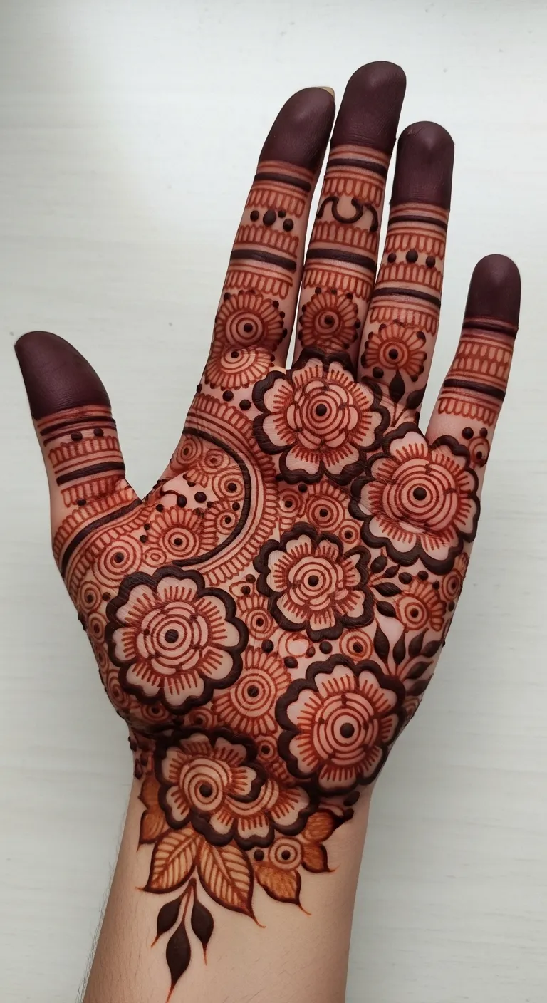Full hand rose jaal mehndi with filled petals