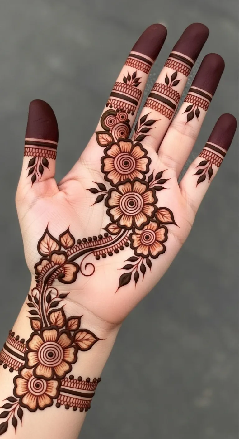 200+ Stunning Flower Mehndi Designs You Will Love (2026) 11 Full hand flower mehndi with roses and vines