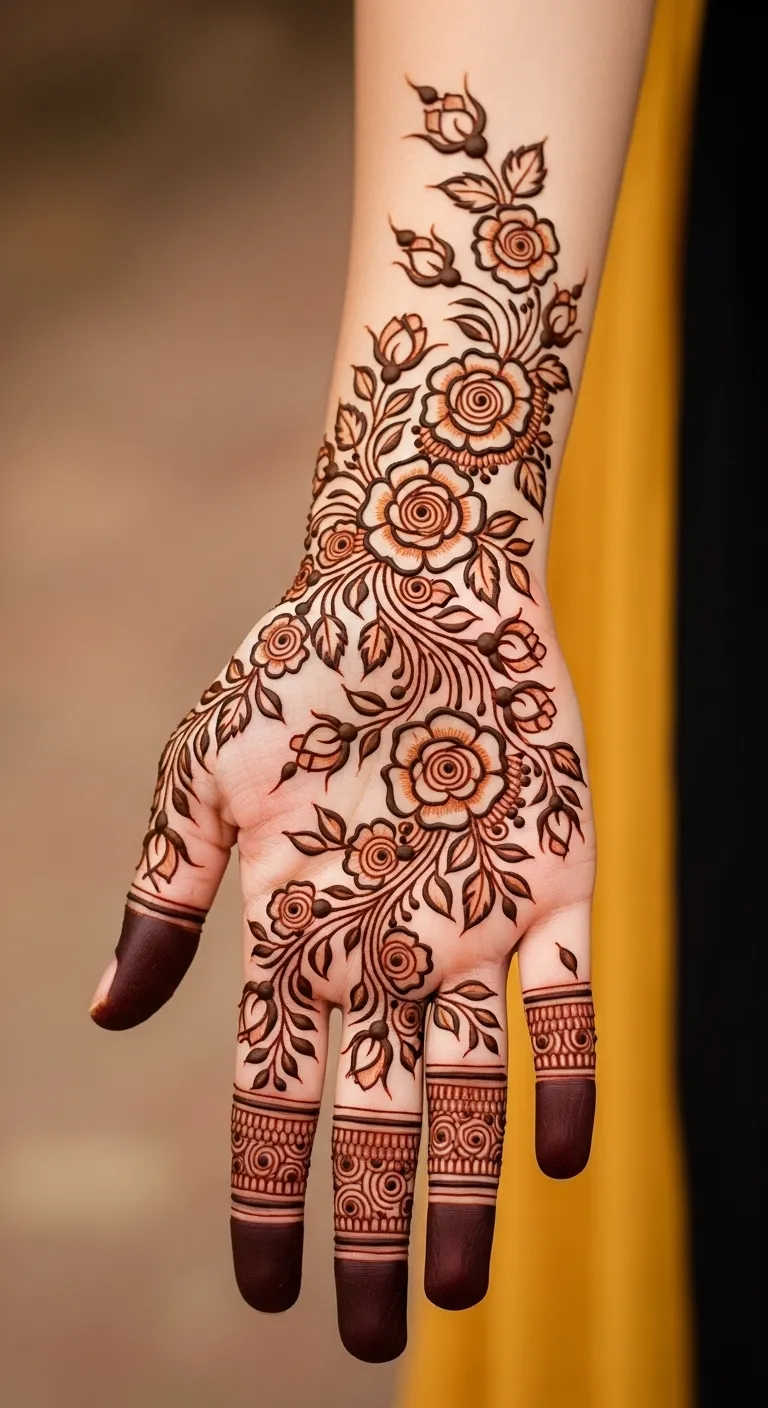 Full hand rose mehndi cascading from fingers to 