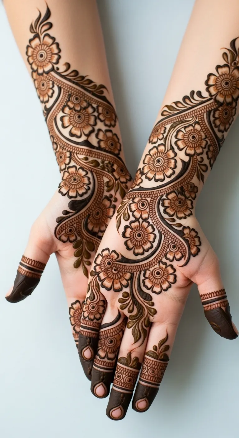 Full hand shaded Arabic floral mehndi design