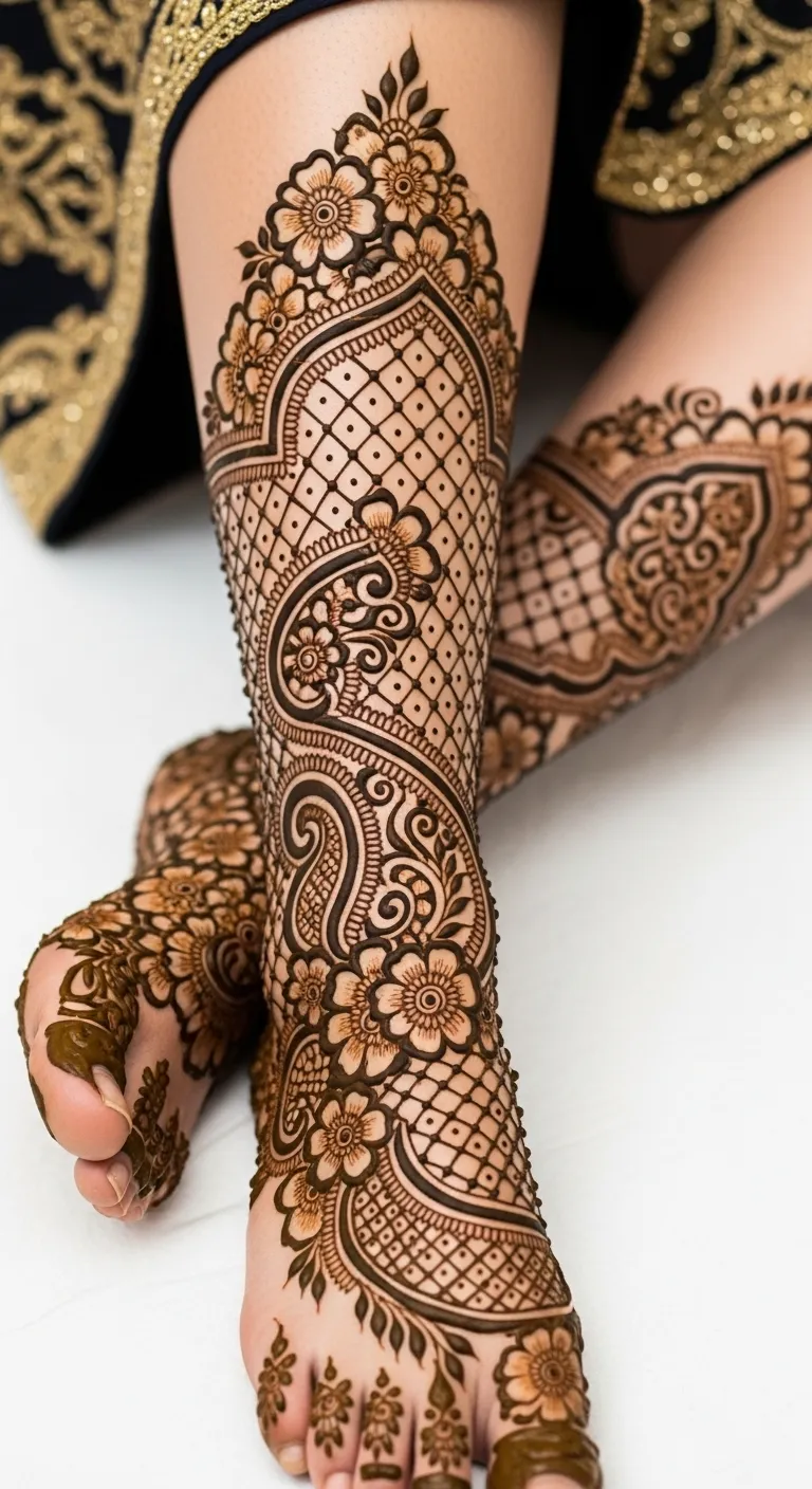 Full leg mehndi with dense floral and paisley coverage