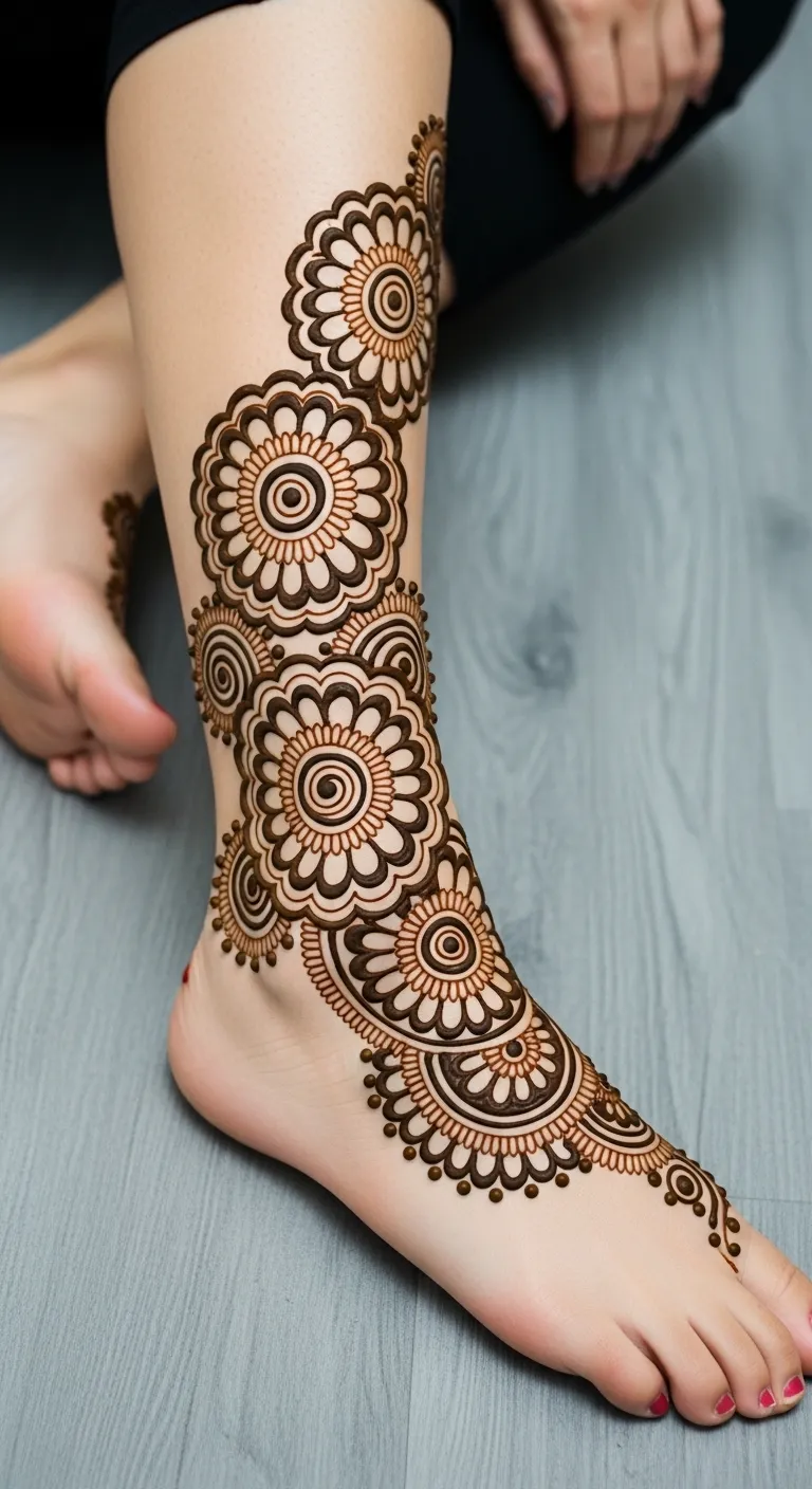 Full leg mehndi with layered mandala on shin
