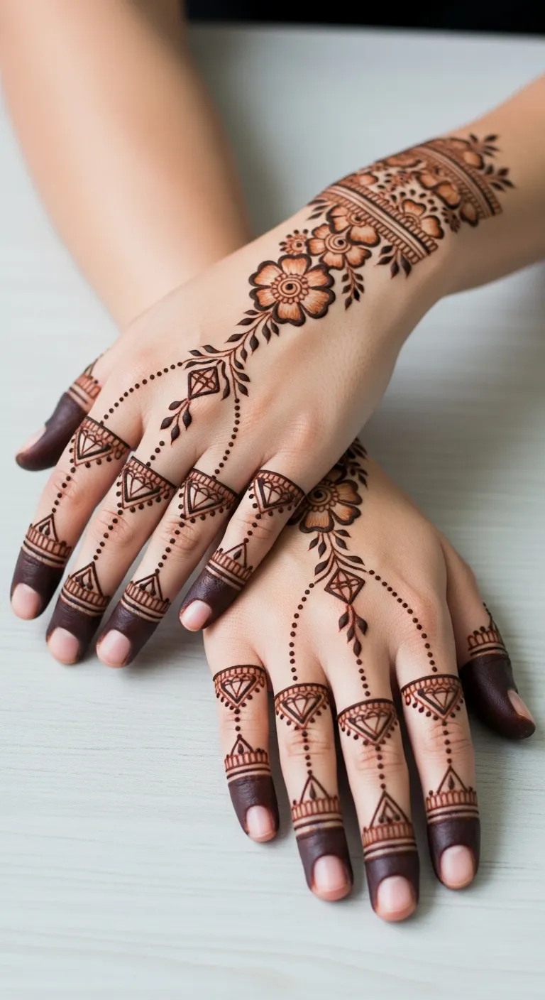 Geometric diamond chain tattoo mehndi on fingers