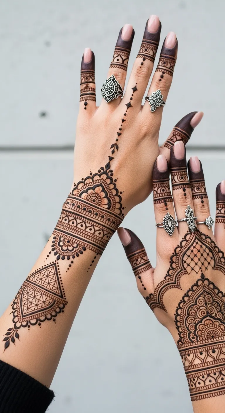 Geometric triangle tattoo mehndi on back hand