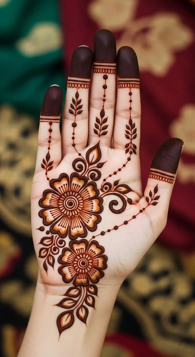 Half hand Arabic flower mehndi with finger trails