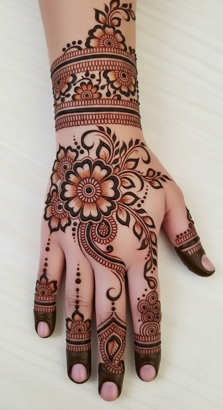 Half hand floral Arabic mehndi back hand