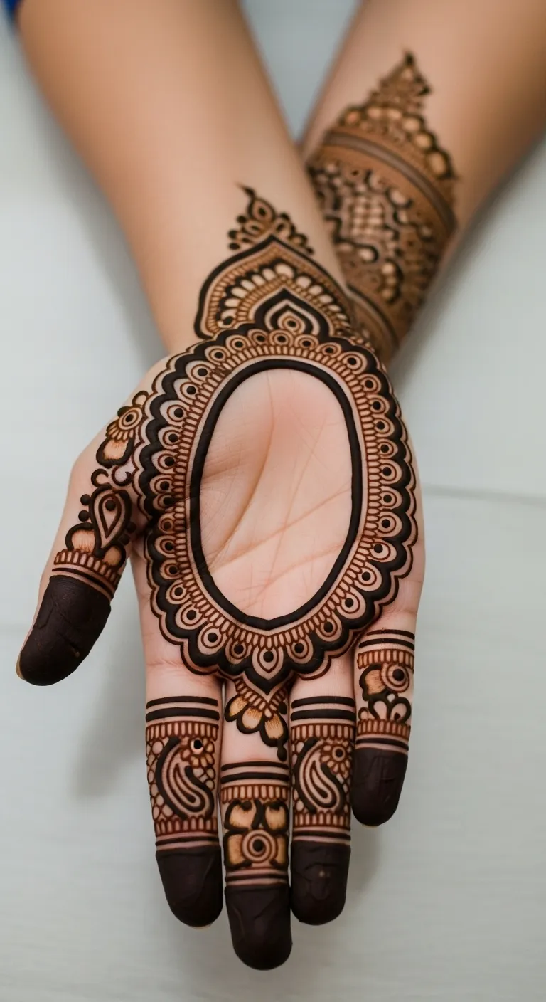 Half hand upper palm engagement mehndi open center