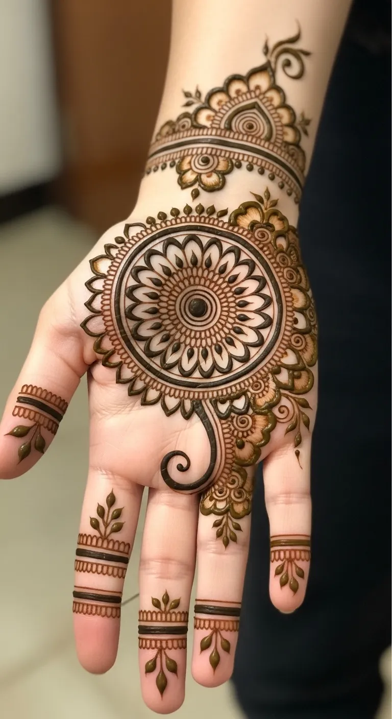 Half mandala circle mehndi flowing toward thumb