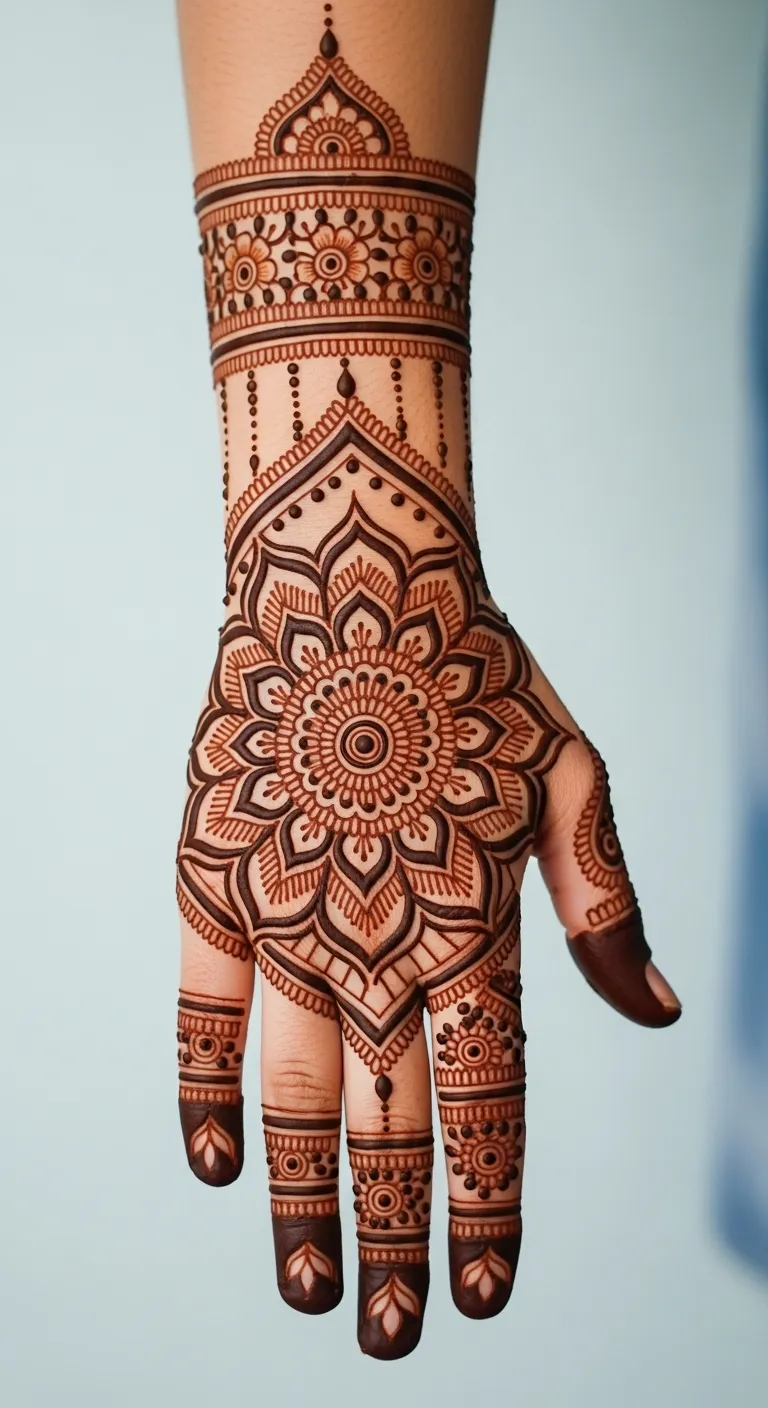 Indian back hand mehndi with large mandala