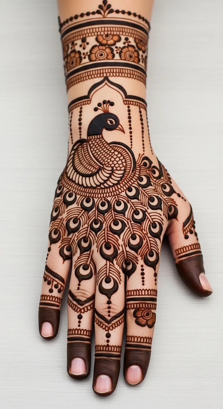 Indian peacock mehndi on back hand