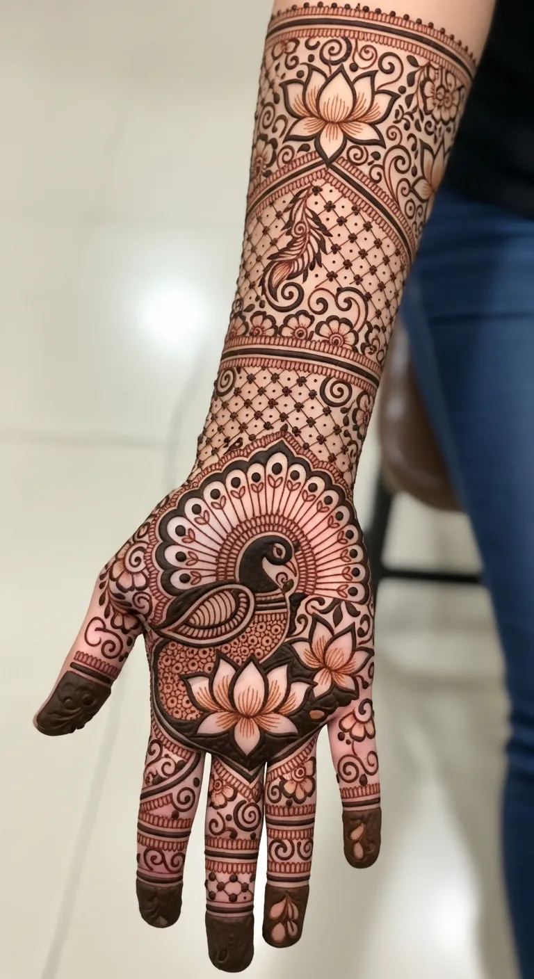 Indian bridal full arm mehndi with peacock and lotus