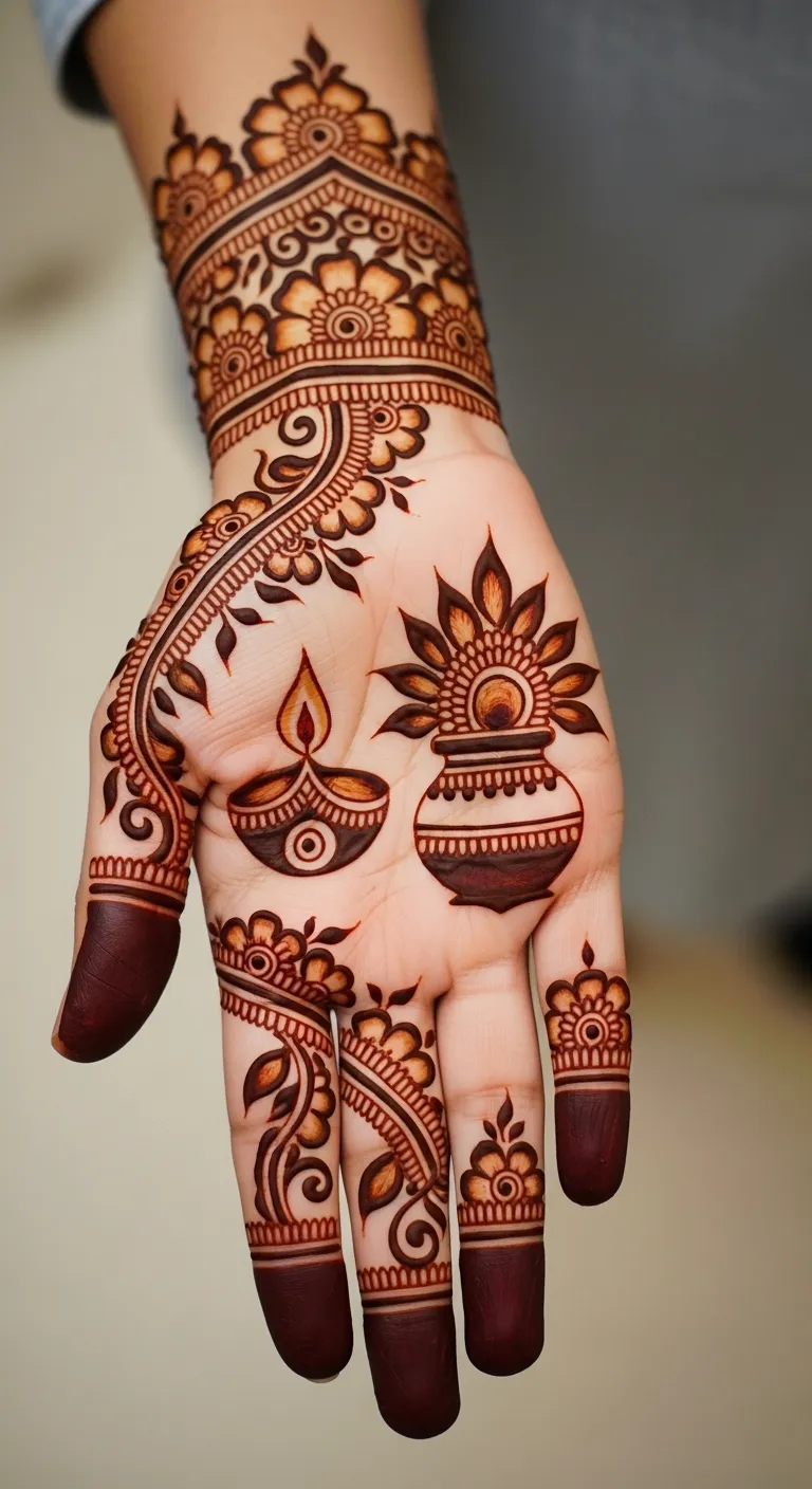 Indian Diwali mehndi with diya and kalash