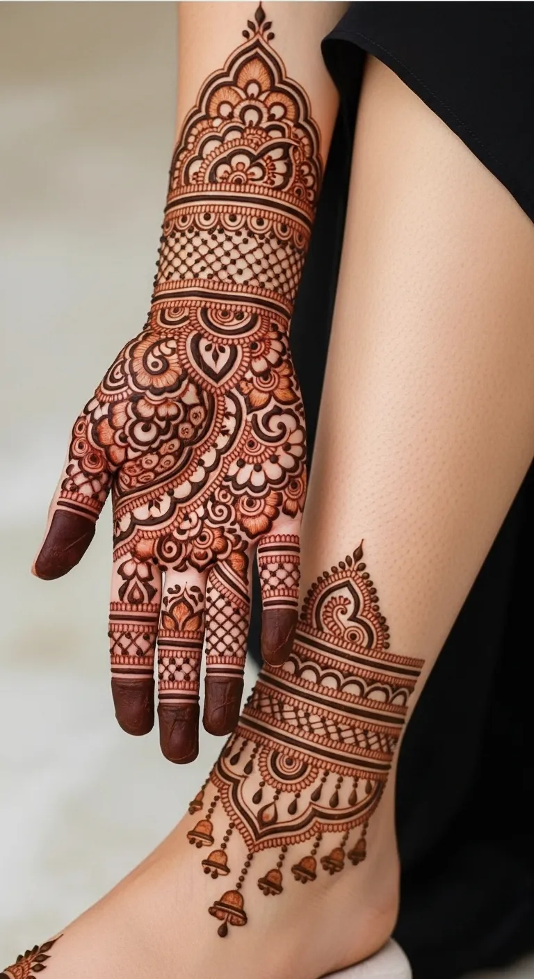 Indian leg mehndi with ankle band and paisley