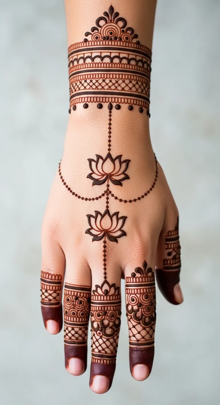 Indian lotus chain mehndi from wrist to finger