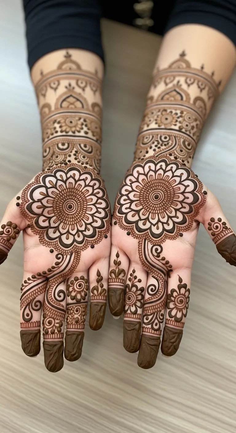 Indian mehndi design with grand mandala on palm