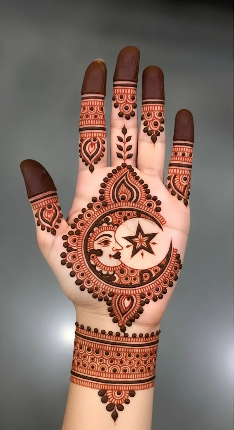 Indian Eid mehndi with moon and star pattern