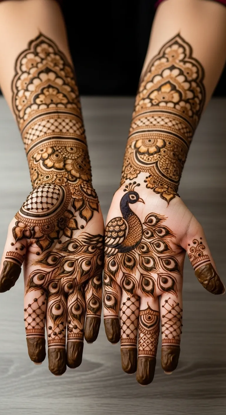 Indian peacock mehndi with fanned feathers on palm