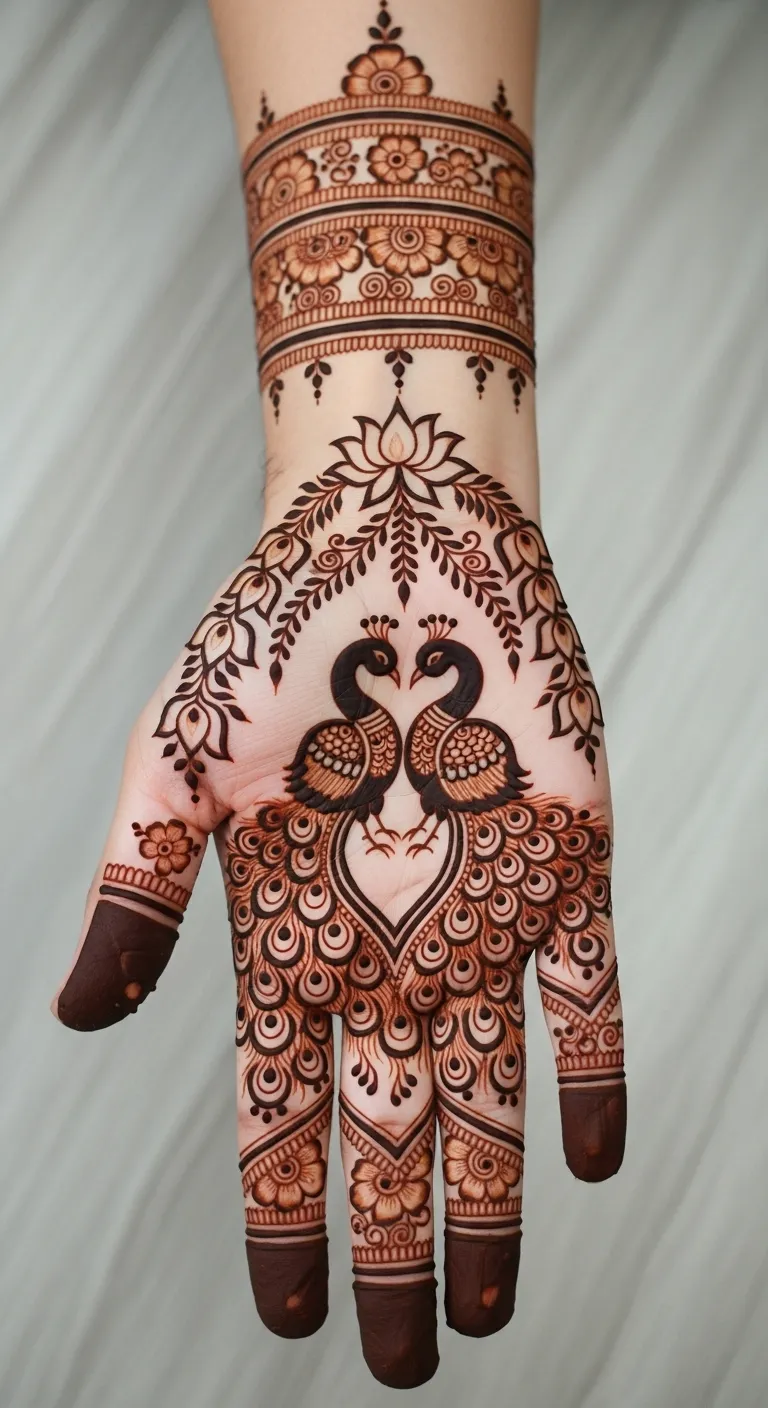 Indian peacock pair mehndi with floral arch