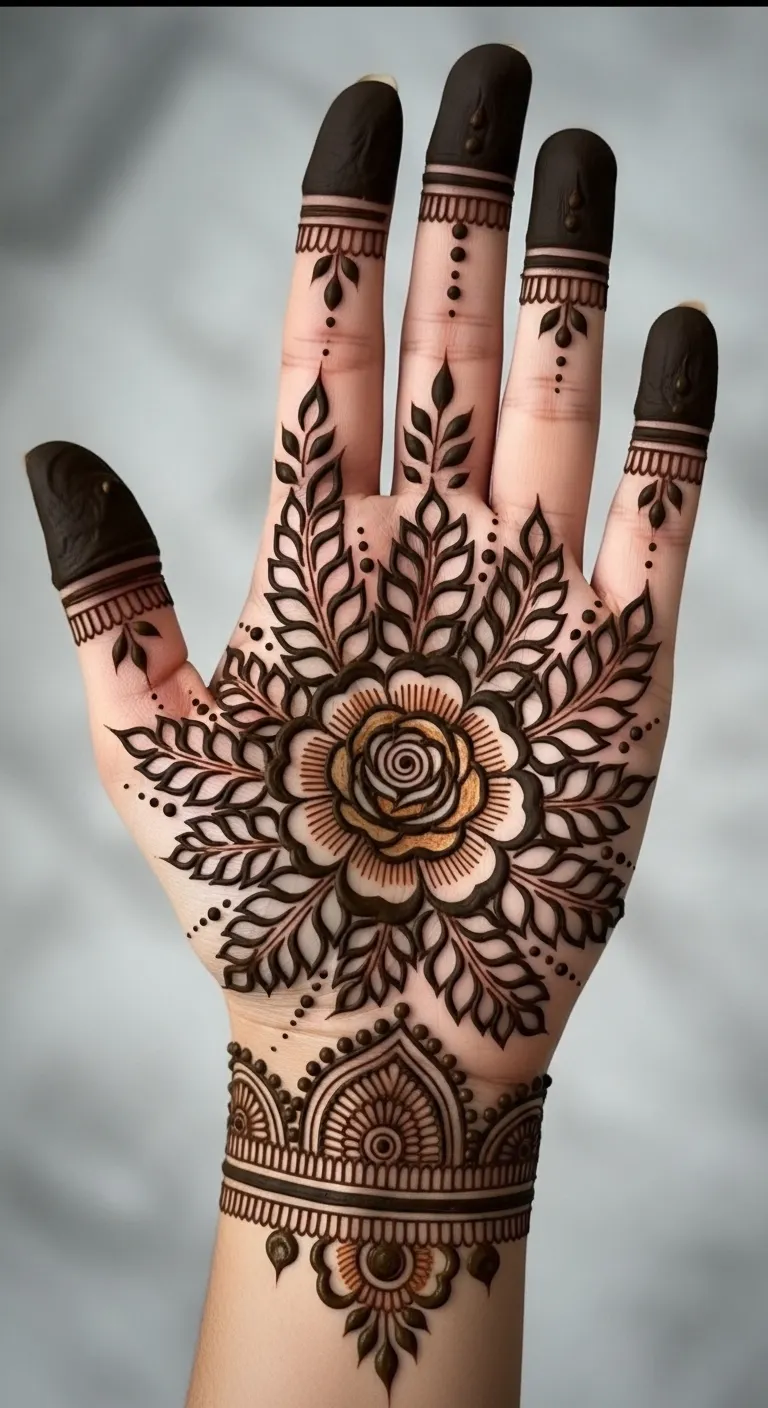 Indian mehndi with rose cluster and leaf sprays