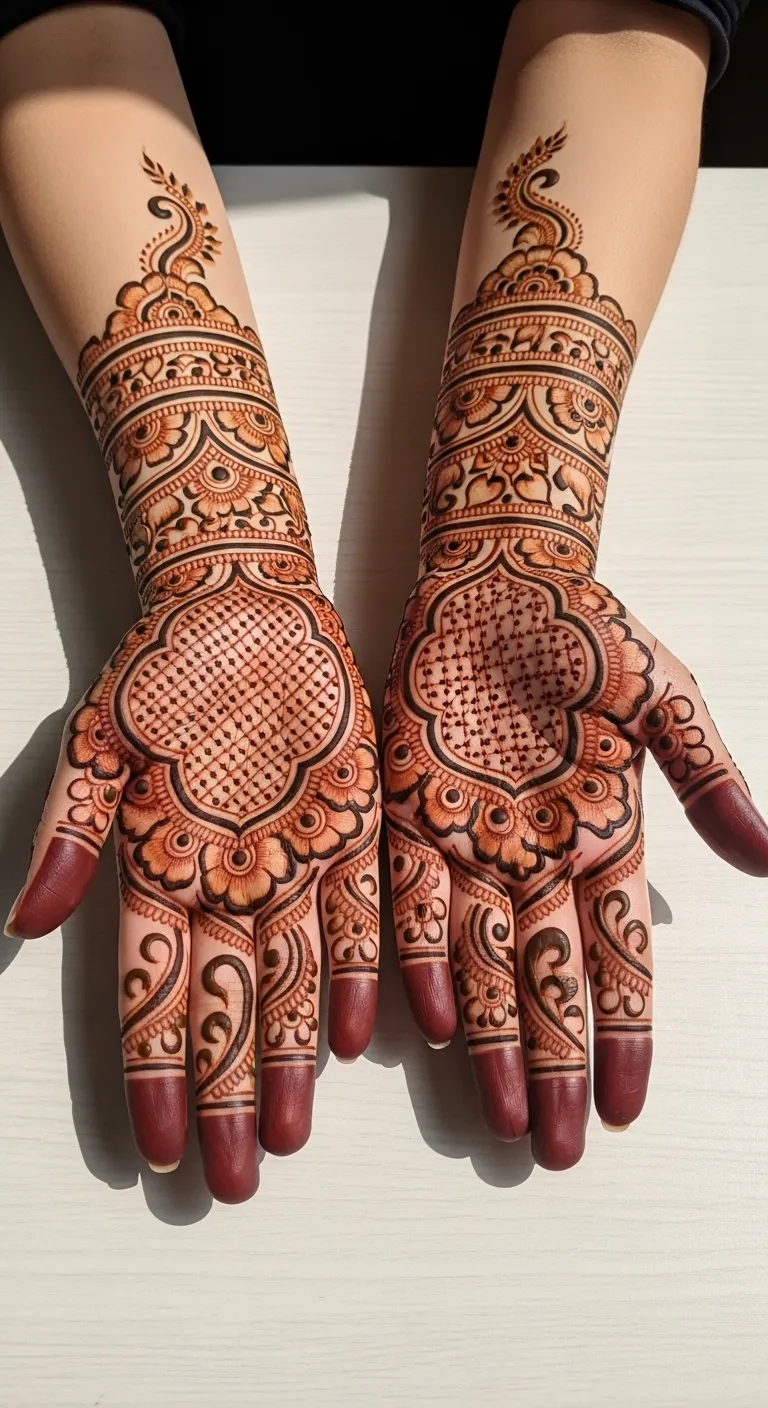 Karwa Chauth chalni mehndi with dots and floral swirls