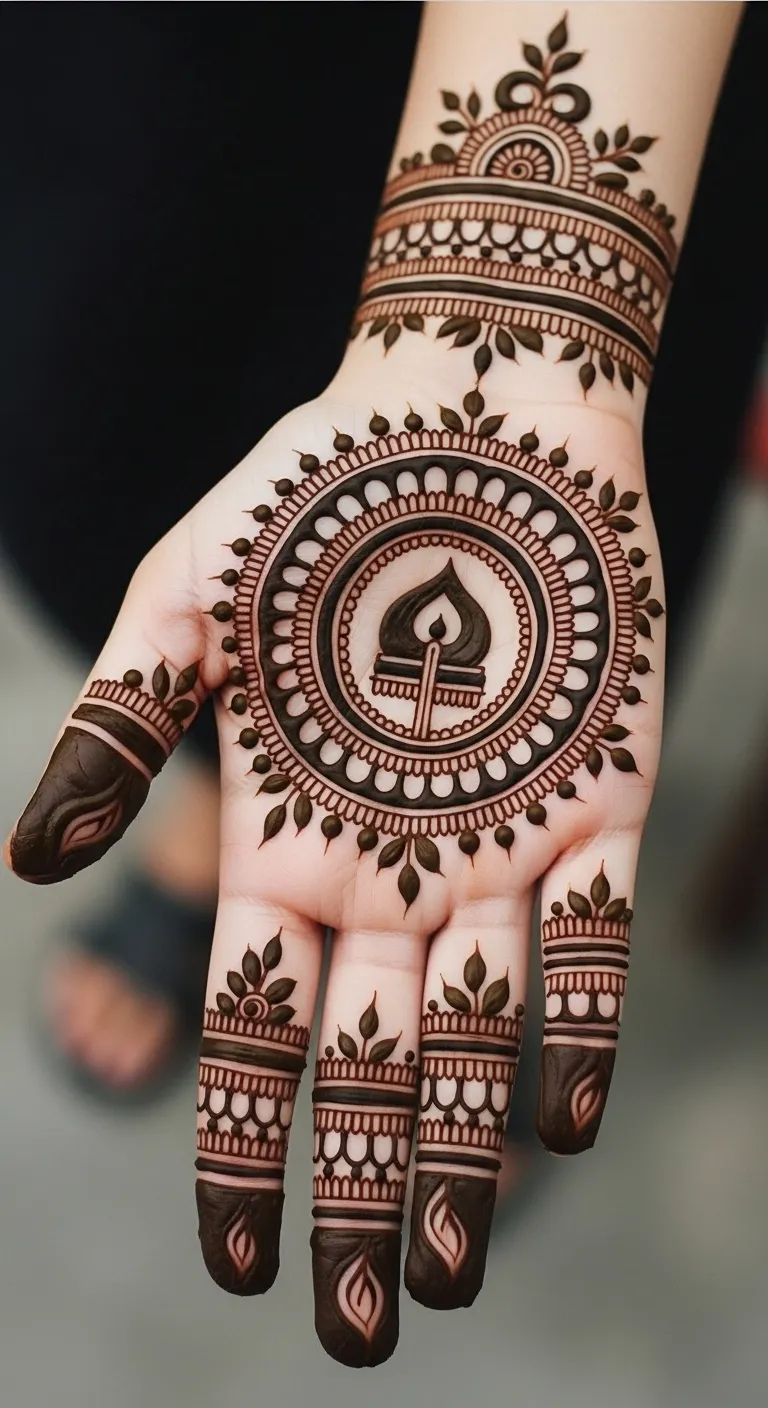 Karwa Chauth circle kalash mehndi with mango leaves