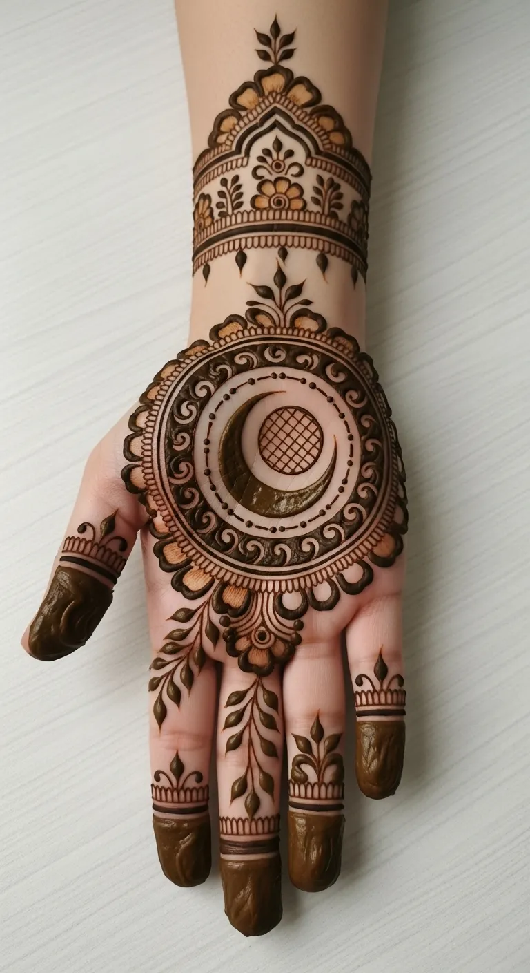 Karwa Chauth circle mehndi with moon and sieve