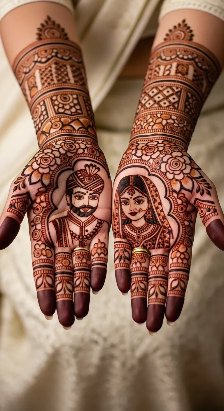 Karwa Chauth couple portrait mehndi with rose border
