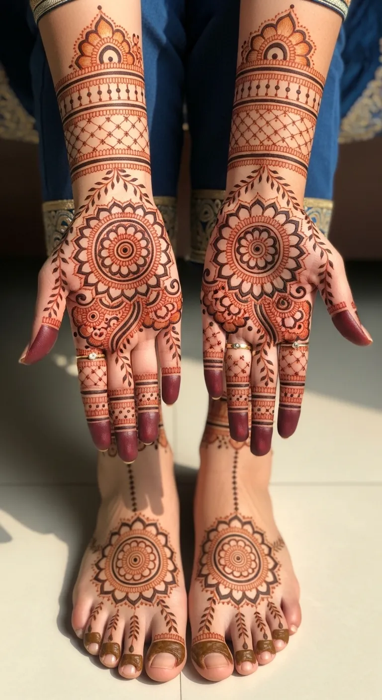 Karwa Chauth foot mehndi with mandala and vine to toes