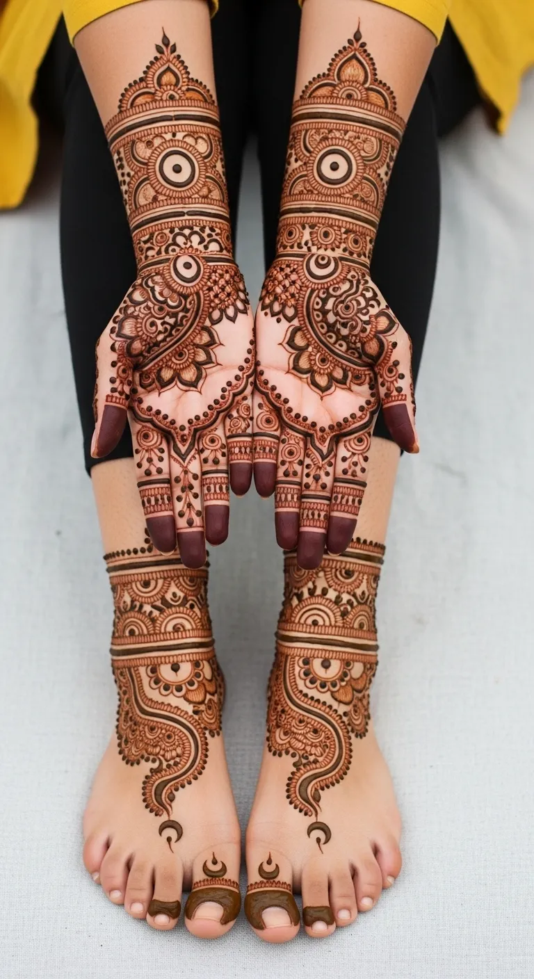 Karwa Chauth foot mehndi with paisley and moon motifs