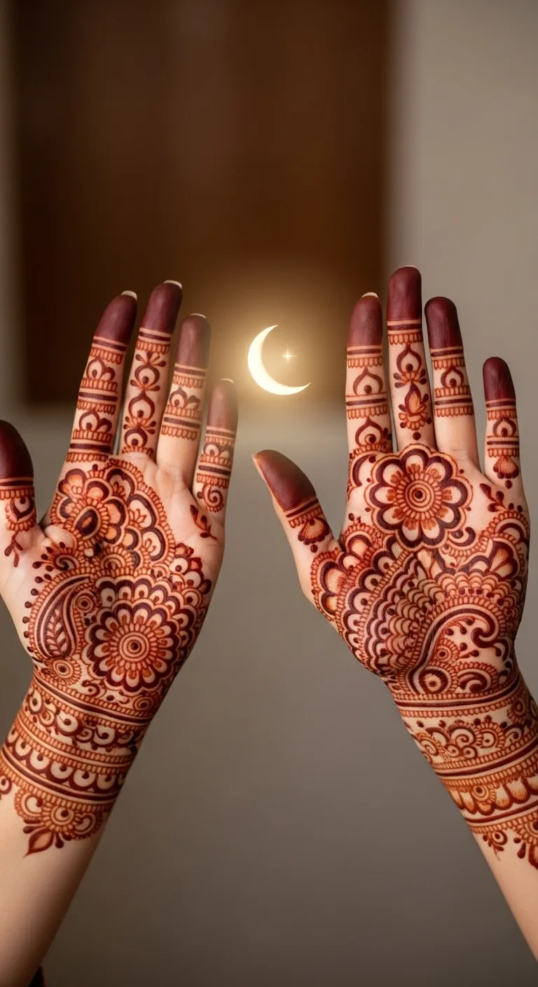Karwa Chauth mehndi with couple hands reaching toward moon