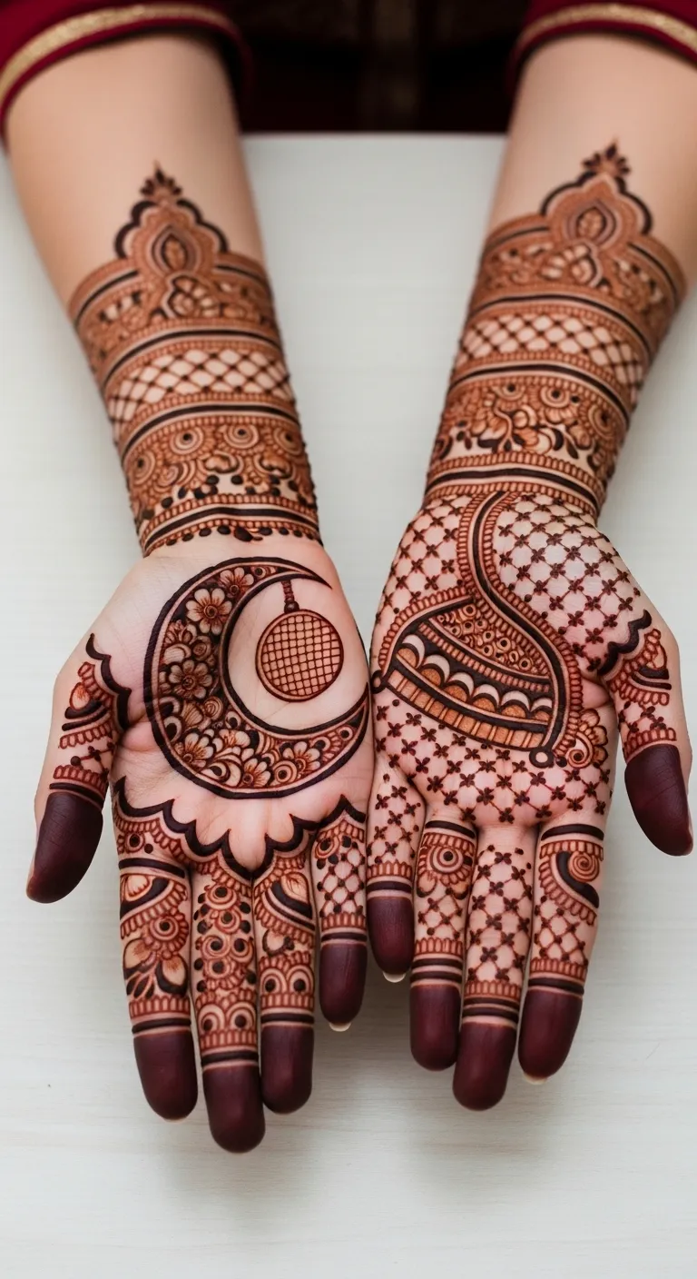 Karwa Chauth mehndi with moon and chalni at palm center