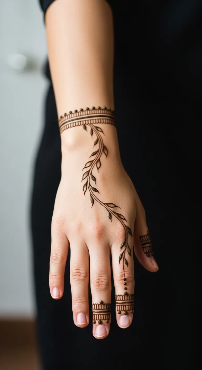 Khafif back hand mehndi with trailing vine design