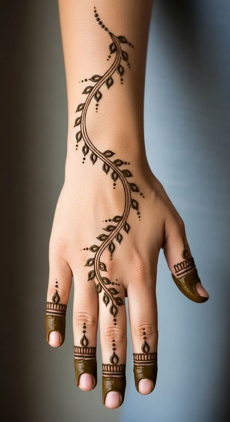 Khafif bail mehndi with small leaf pairs