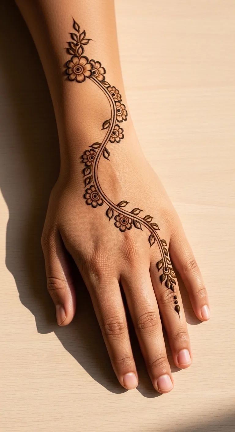 Khafif bail mehndi from wrist to ring finge