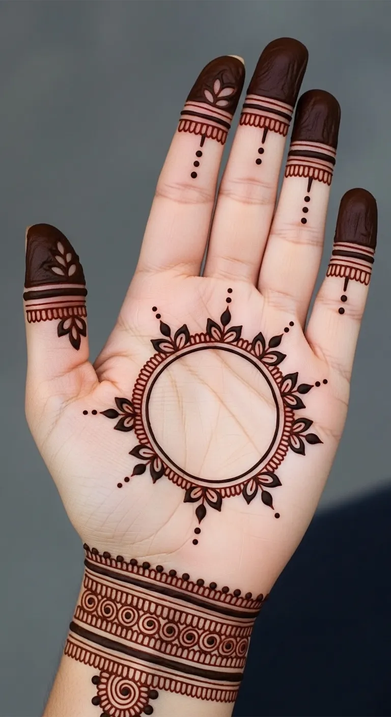 Khafif open circle mehndi with petals on palm