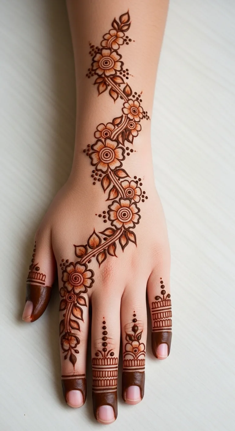 Khafif Eid mehndi with floral trail and dot accents