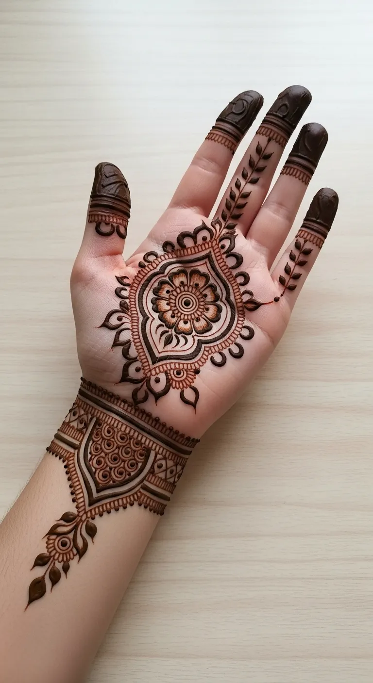 Khafif finger mehndi with tiny leaf chain