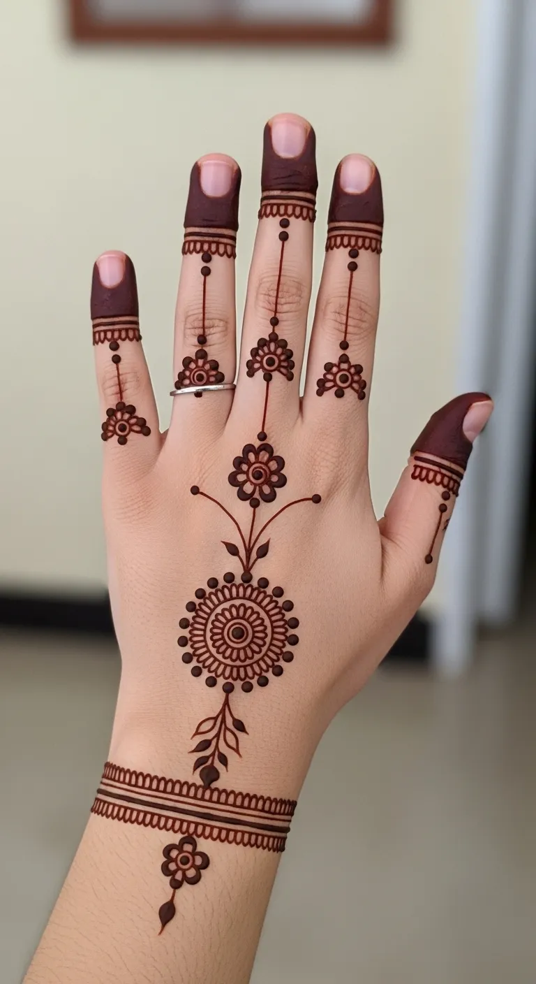 Khafif ring-style finger mehndi with dots
