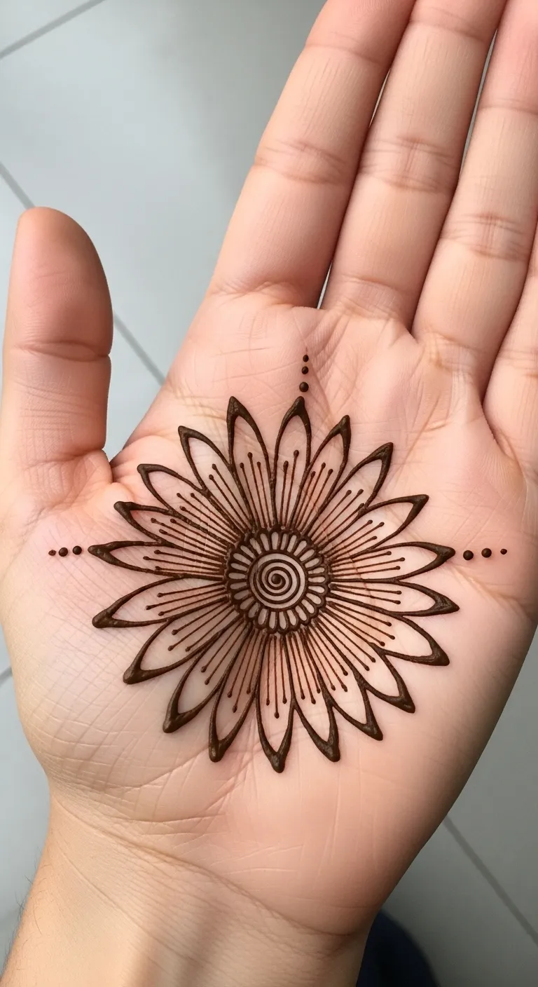 Khafif flower mehndi with large daisy on palm