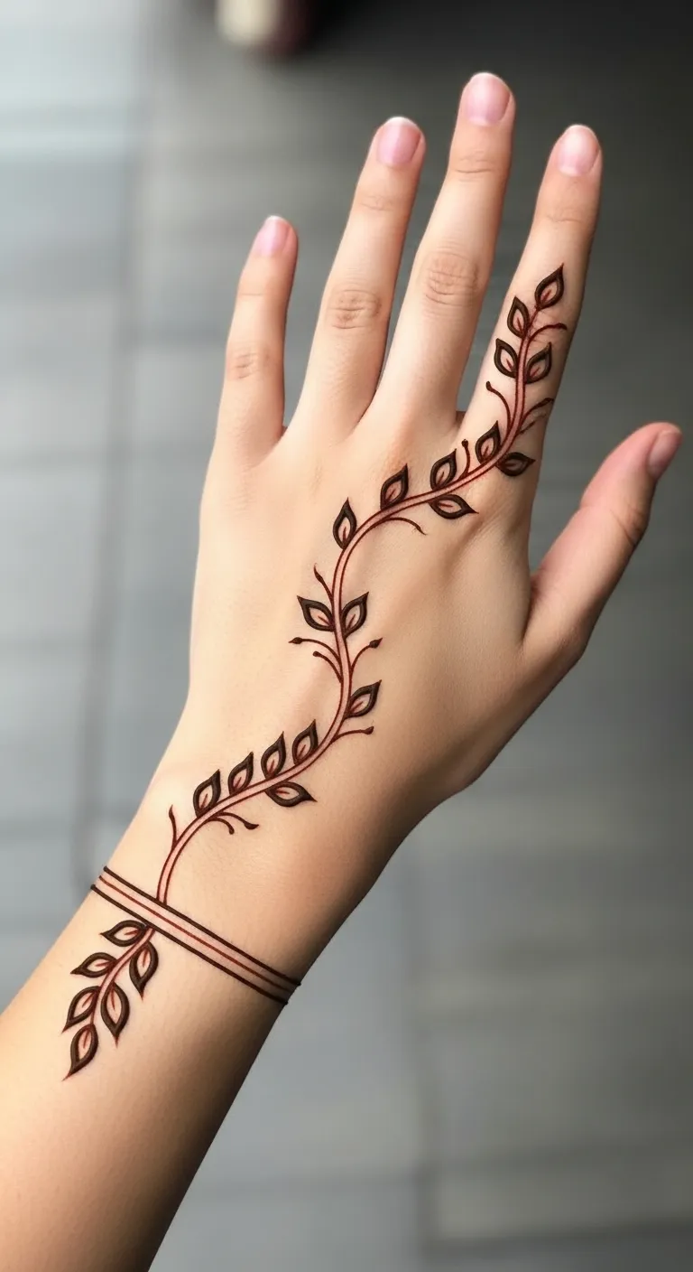 Light khafif mehndi with leaf trail from wrist to finger