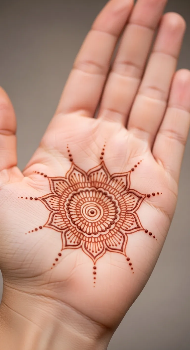 Khafif mehndi design with soft mandala on center palm