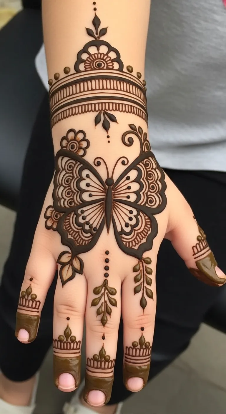 Detailed butterfly Arabic mehndi for kids