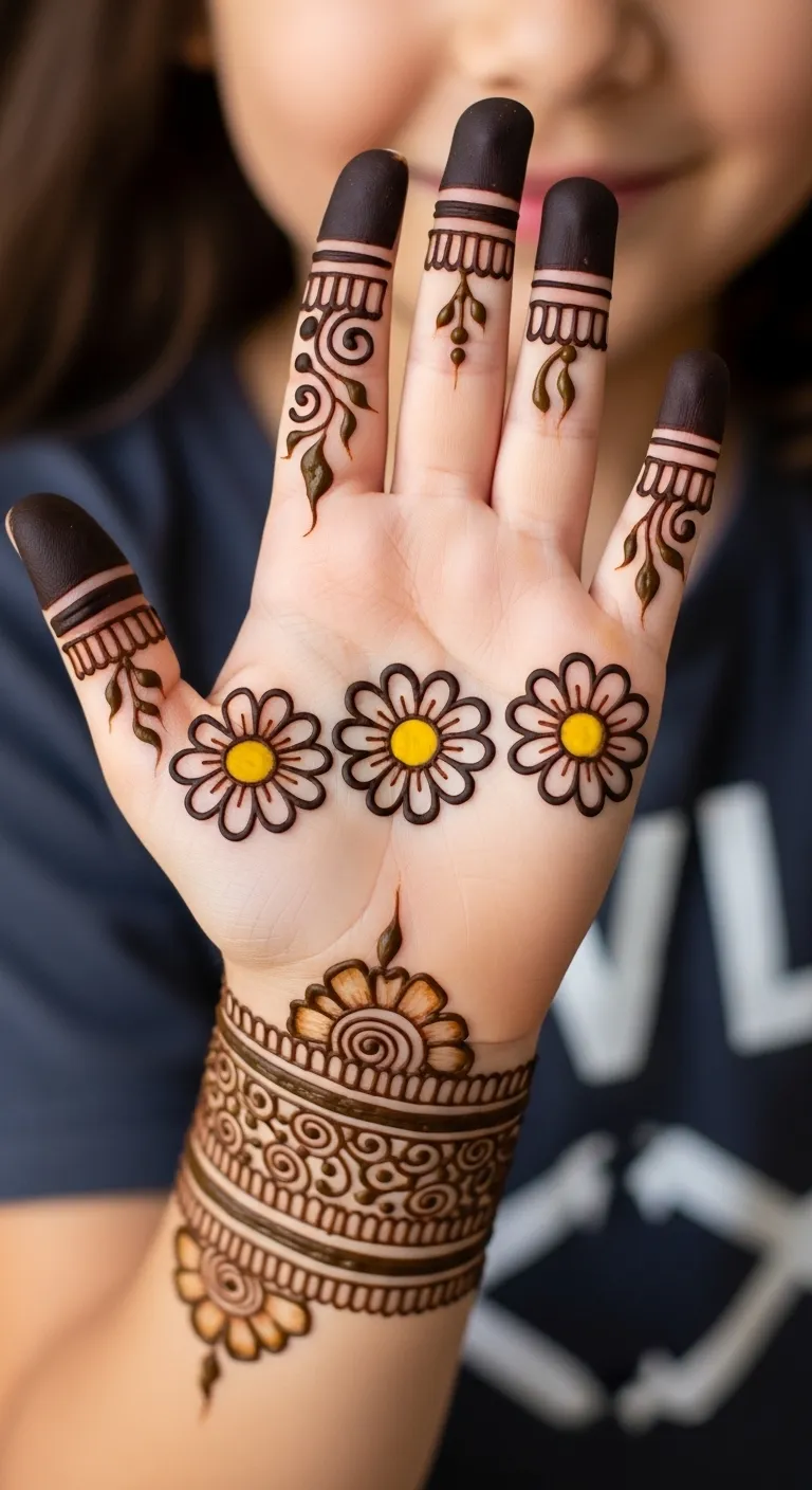 Cute daisy Arabic mehndi for little girls