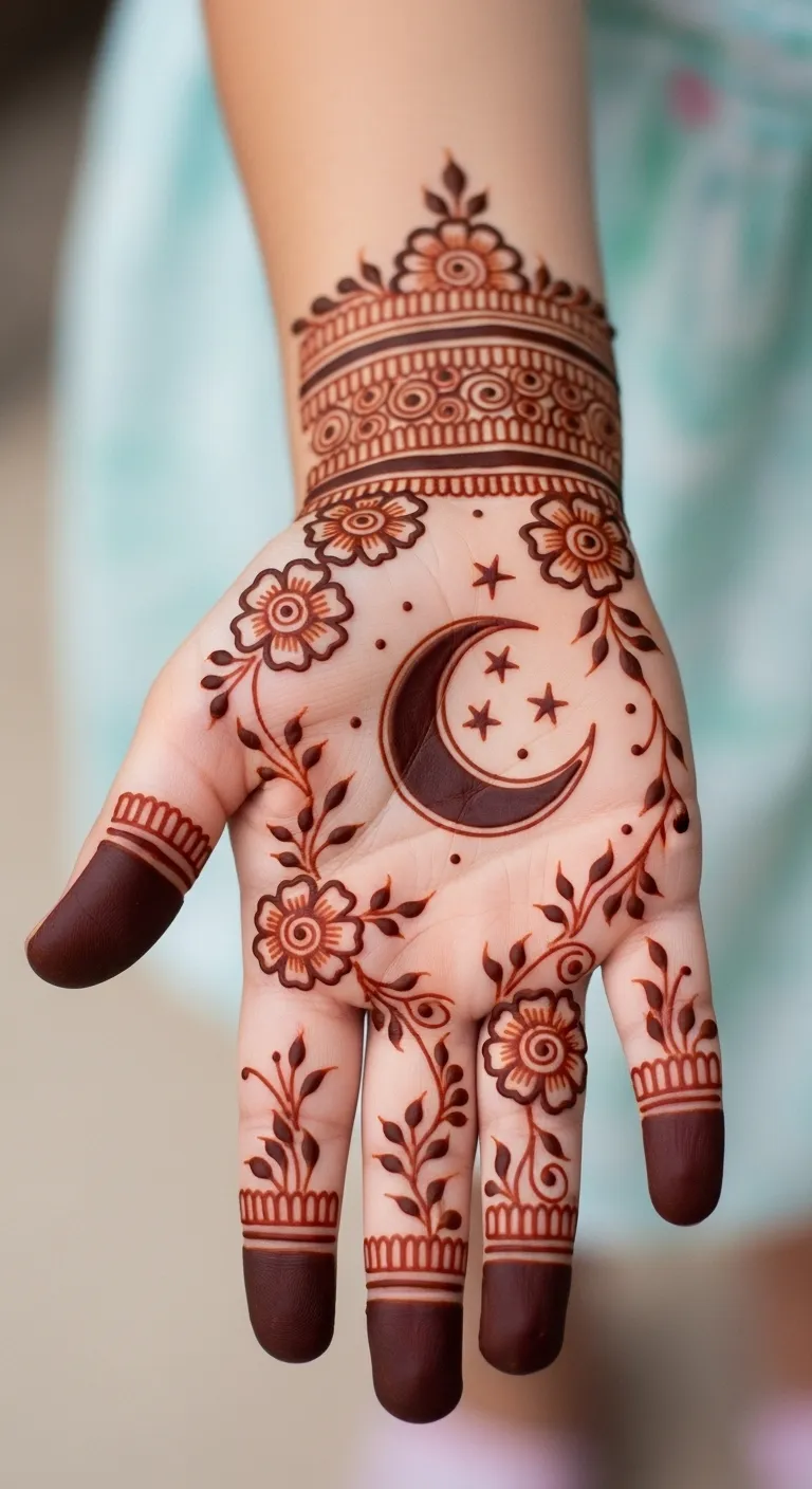 Eid crescent moon Arabic mehndi for kids
