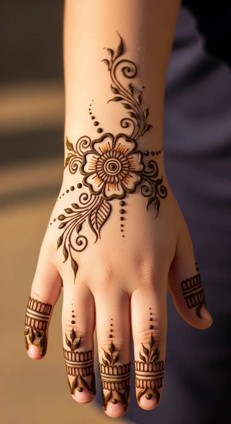 Arabic flower mehndi on kid's back hand