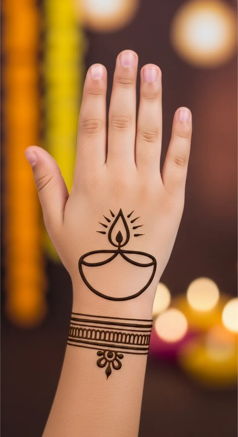 Diwali diya mehndi design for kids back hand
