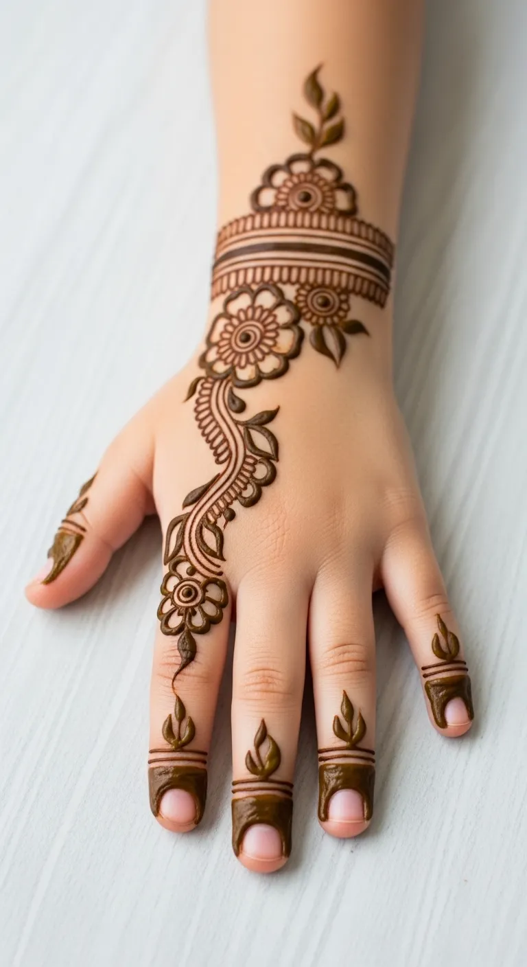 Arabic leaf mehndi on kid's fingertips