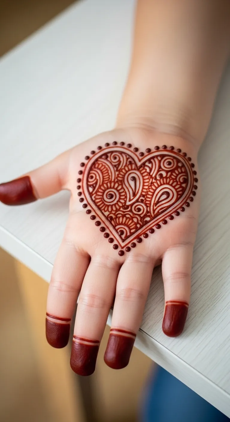 Heart with dot border palm mehandi for kids