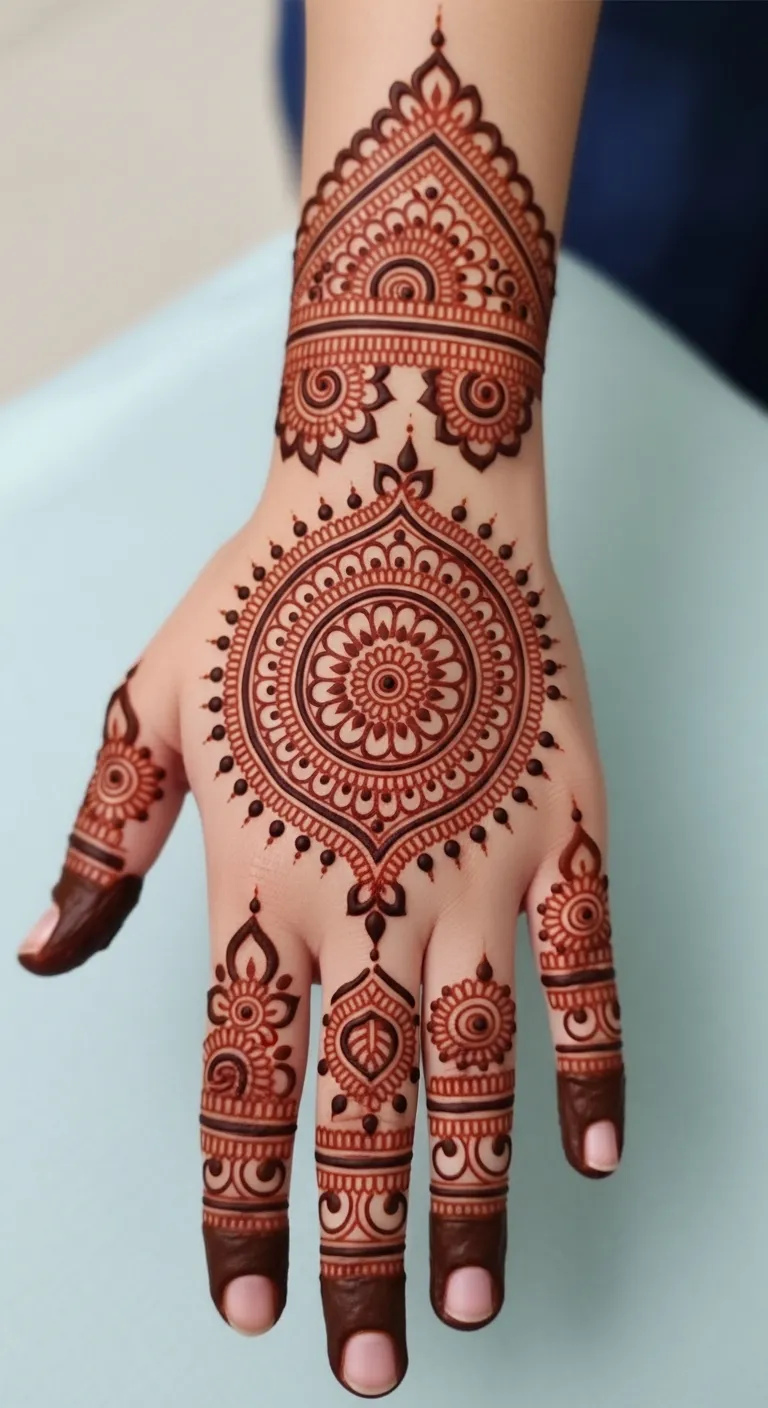 Small flower circle mehndi for kids on back hand